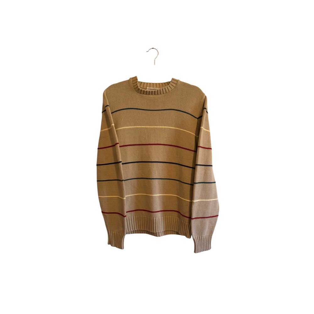 Lord Jeff Vintage Mens Tan Striped Cotton Crewneck Sweater Size M Made in USA